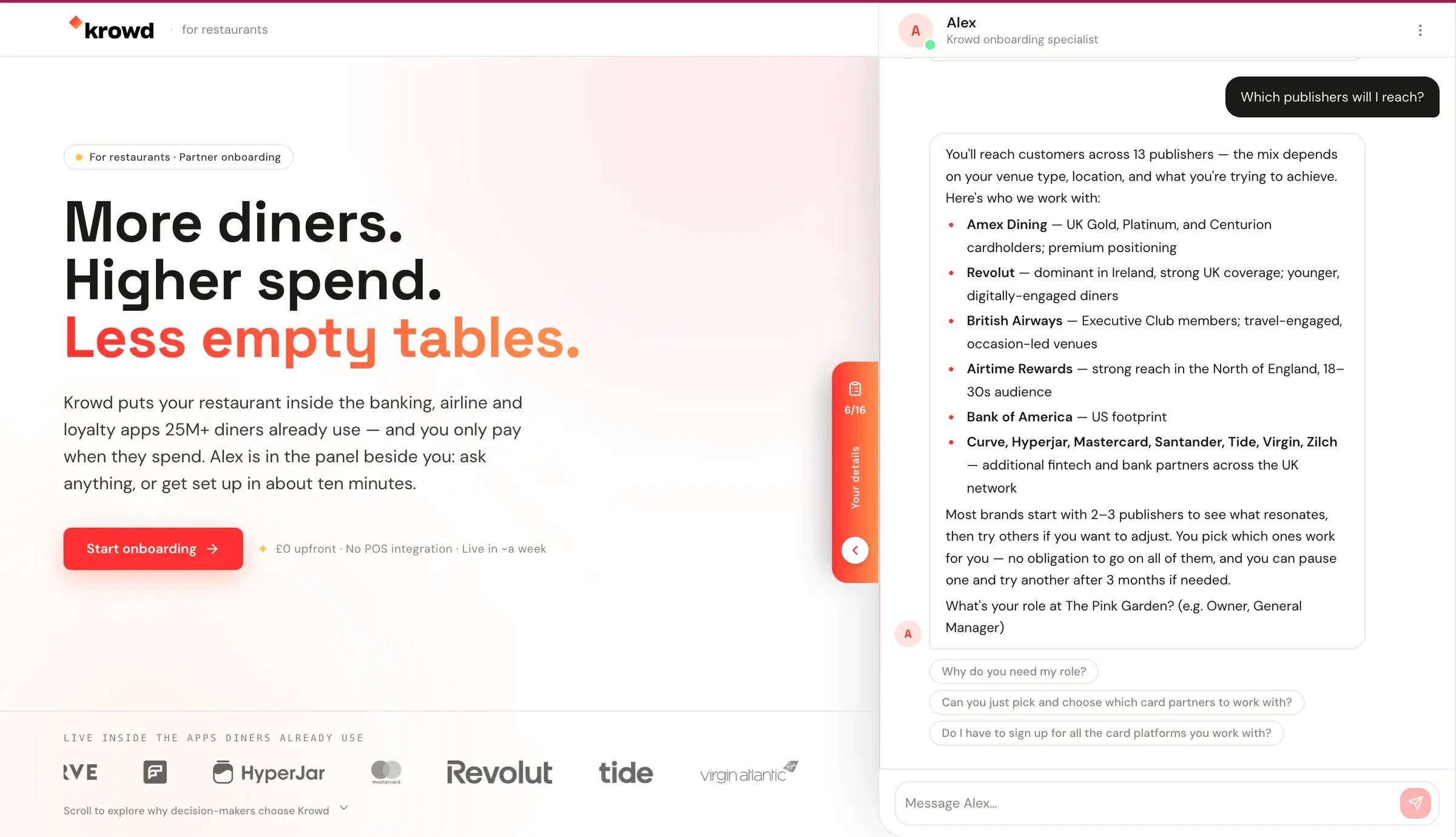 Krowd partner onboarding page with the Alex agent panel answering a restaurant owner's question about publisher reach